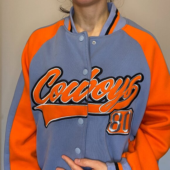Edikted Cowboys Varsity Sweatshirt Jacket - Orange and Blue - Picture 2 of 8